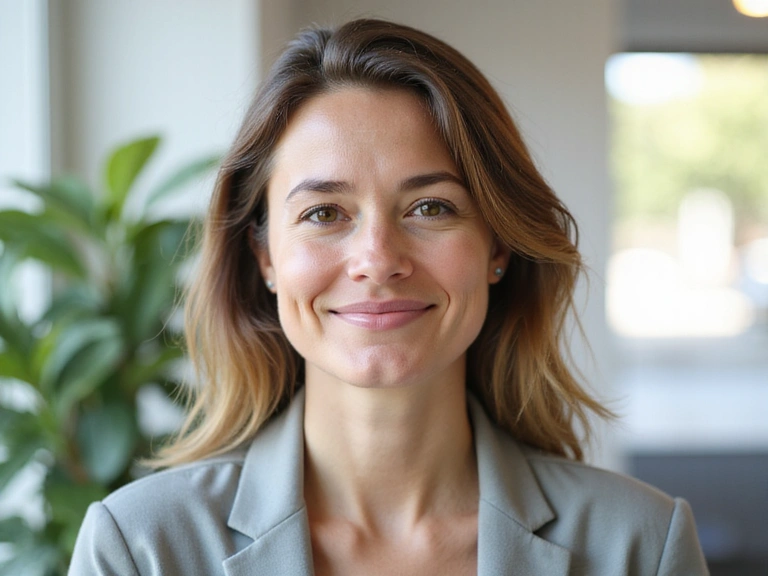 Profesjonalne zdjęcie dietetyka, uśmiechniętej kobiety w wieku 30-40 lat, w jasnej, nowoczesnej klinice z zielonymi roślinami w tle.